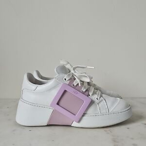 ROGER VIVIER: White and Lavender Viv Skater Sneakers